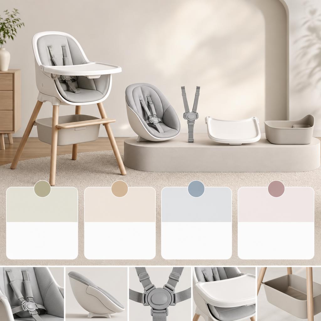 Original KAOS UK editorial for child seating and family products including high chairs, newborn seats, harnesses, trays and storage accessories