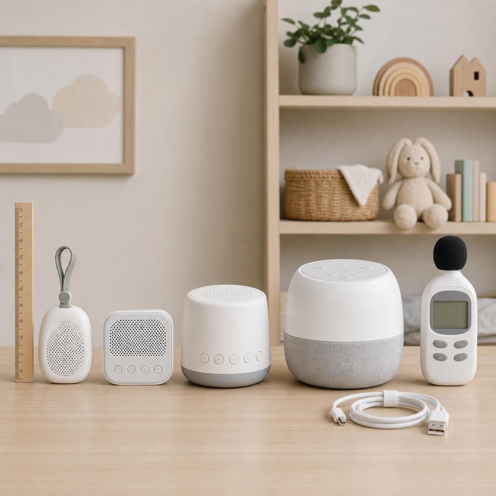 Original white-noise-machine editorial with portable devices, ruler, blank decibel meter and charging cable