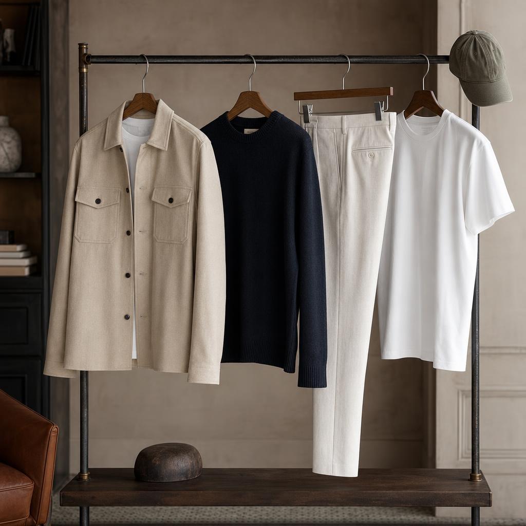 Original London menswear editorial with overshirt, knitwear, trousers, t-shirt and cap
