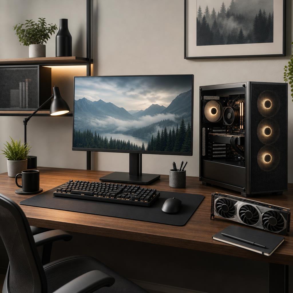 Original desktop technology editorial with computer components and office accessories