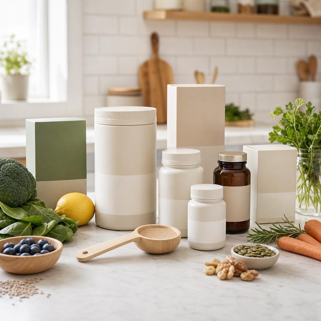 Original conservative supplement editorial with sealed bottles and boxes and whole-food ingredients