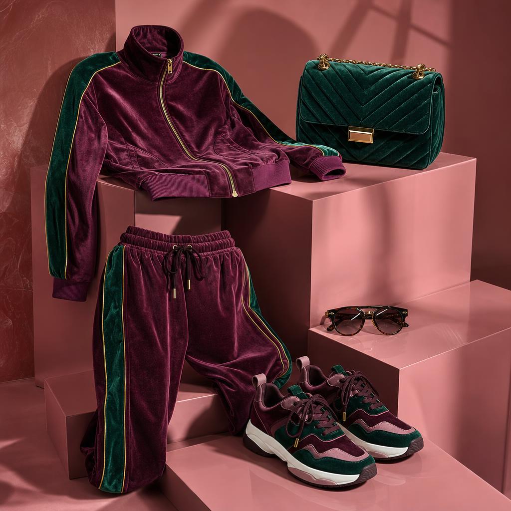Original fashion editorial with jewel-tone velour tracksuit, handbag, sunglasses and trainers
