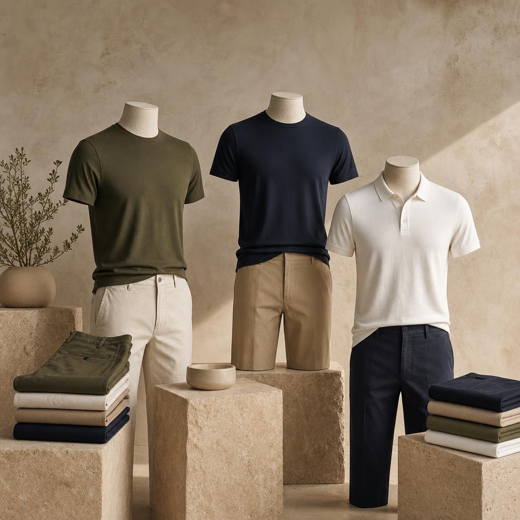 Original menswear editorial with fitted plain T-shirts, polo and folded trousers on neutral displays