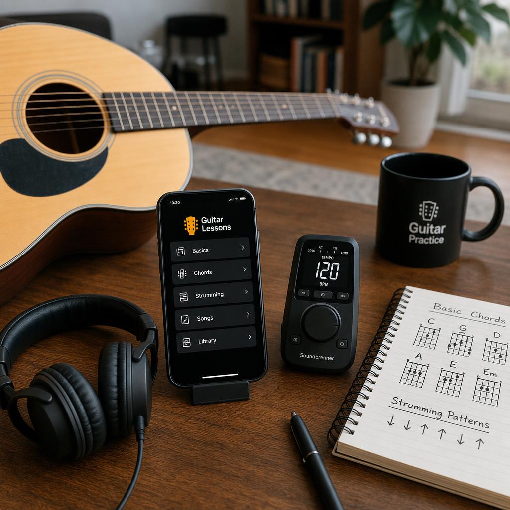 Original photographic Simply Guitar editorial for app-based beginner guitar lessons and practice tools