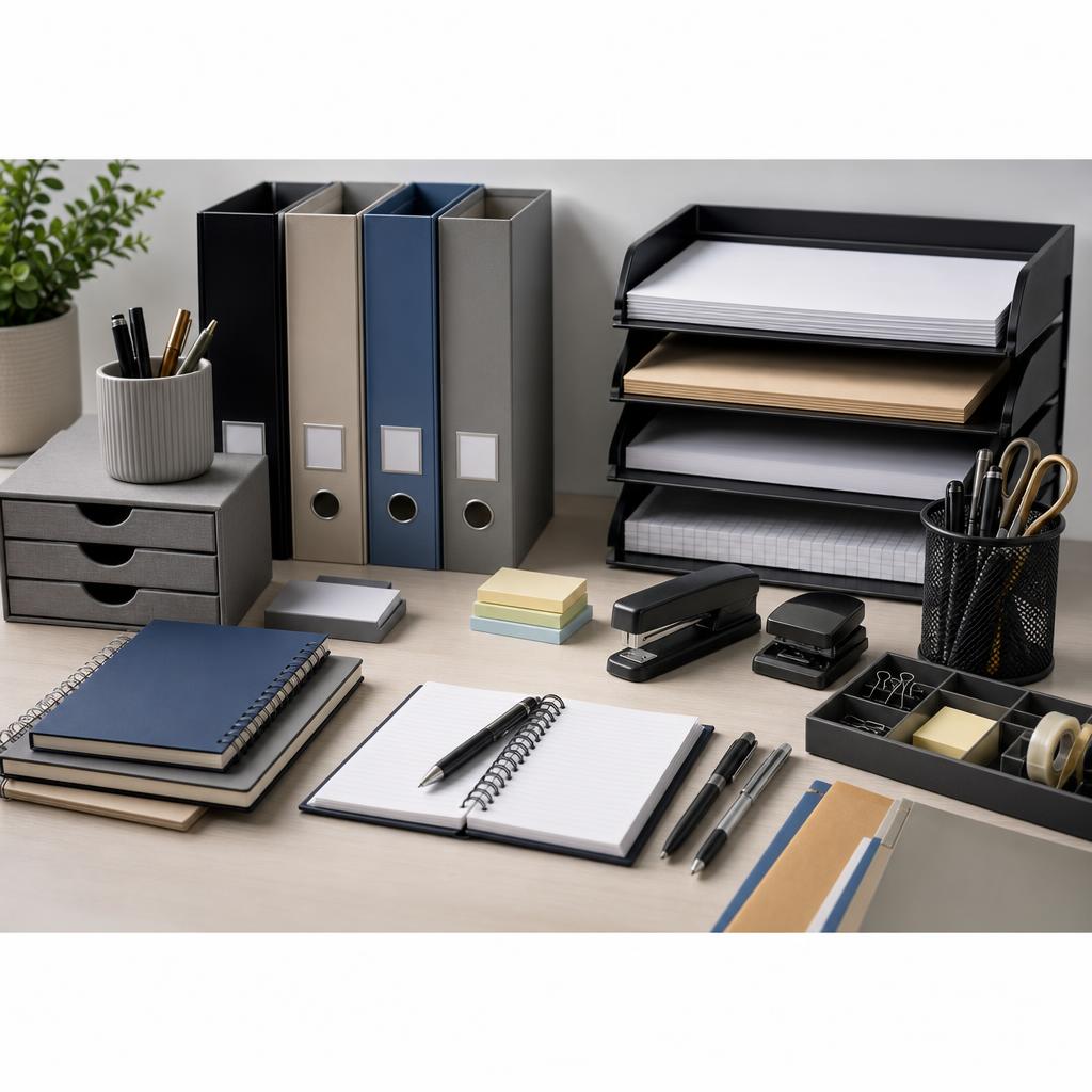 Original office-supplies editorial with paper, notebooks, pens, folders, labels and desk tools