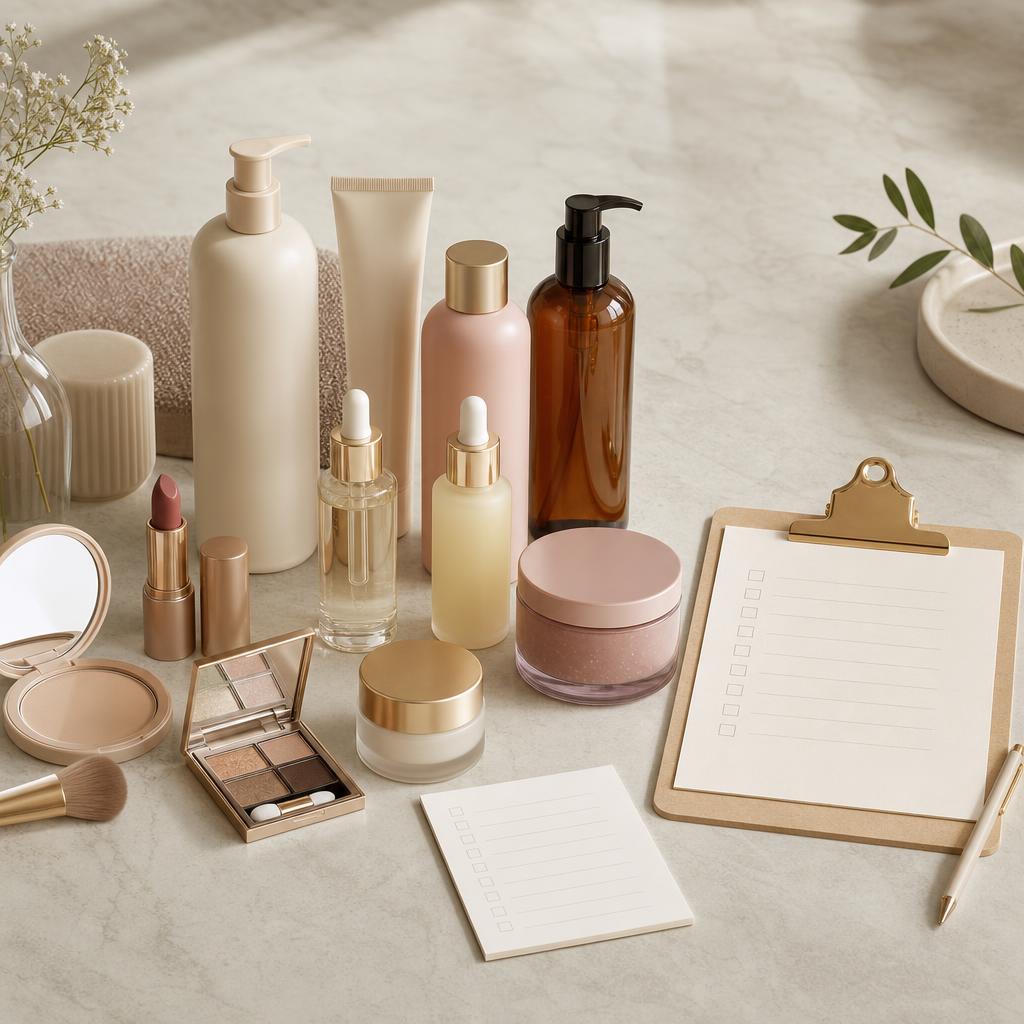 Original conservative cosmetics editorial with sealed haircare, skincare, body care, makeup and blank checklist