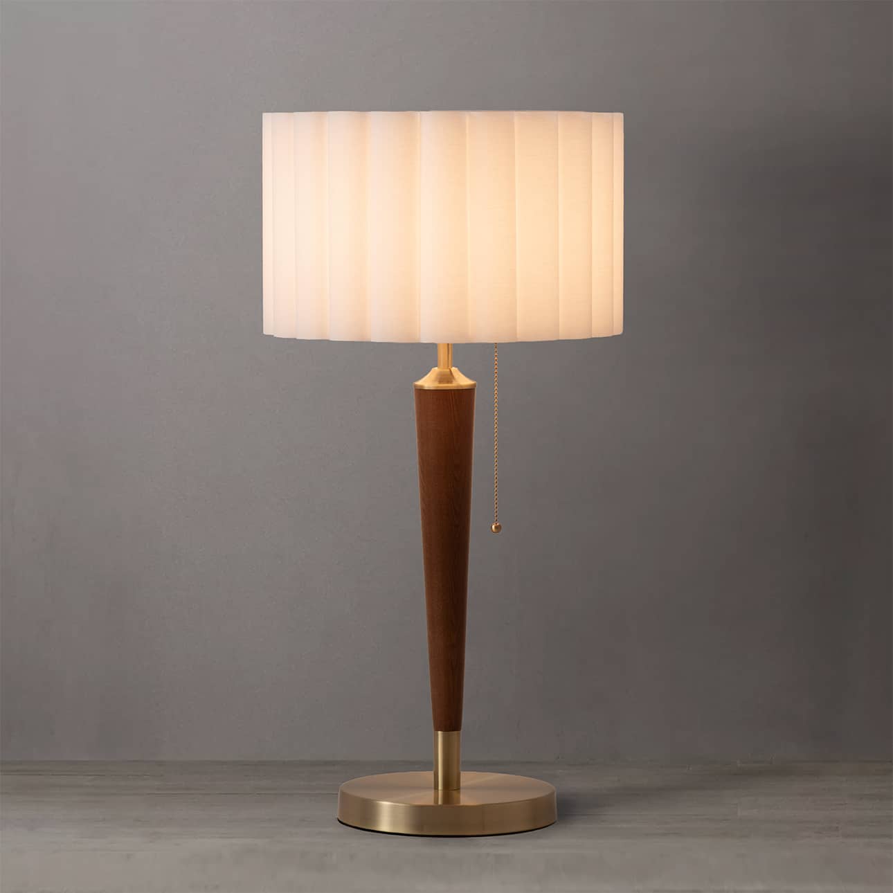 NOVA of California scalloped table lamp with walnut stem and white linen shade