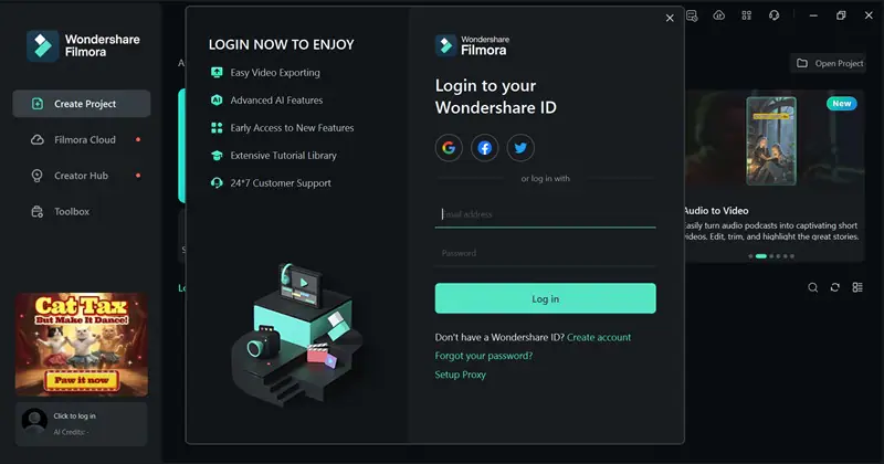 Wondershare Filmora software trial and subscription interface