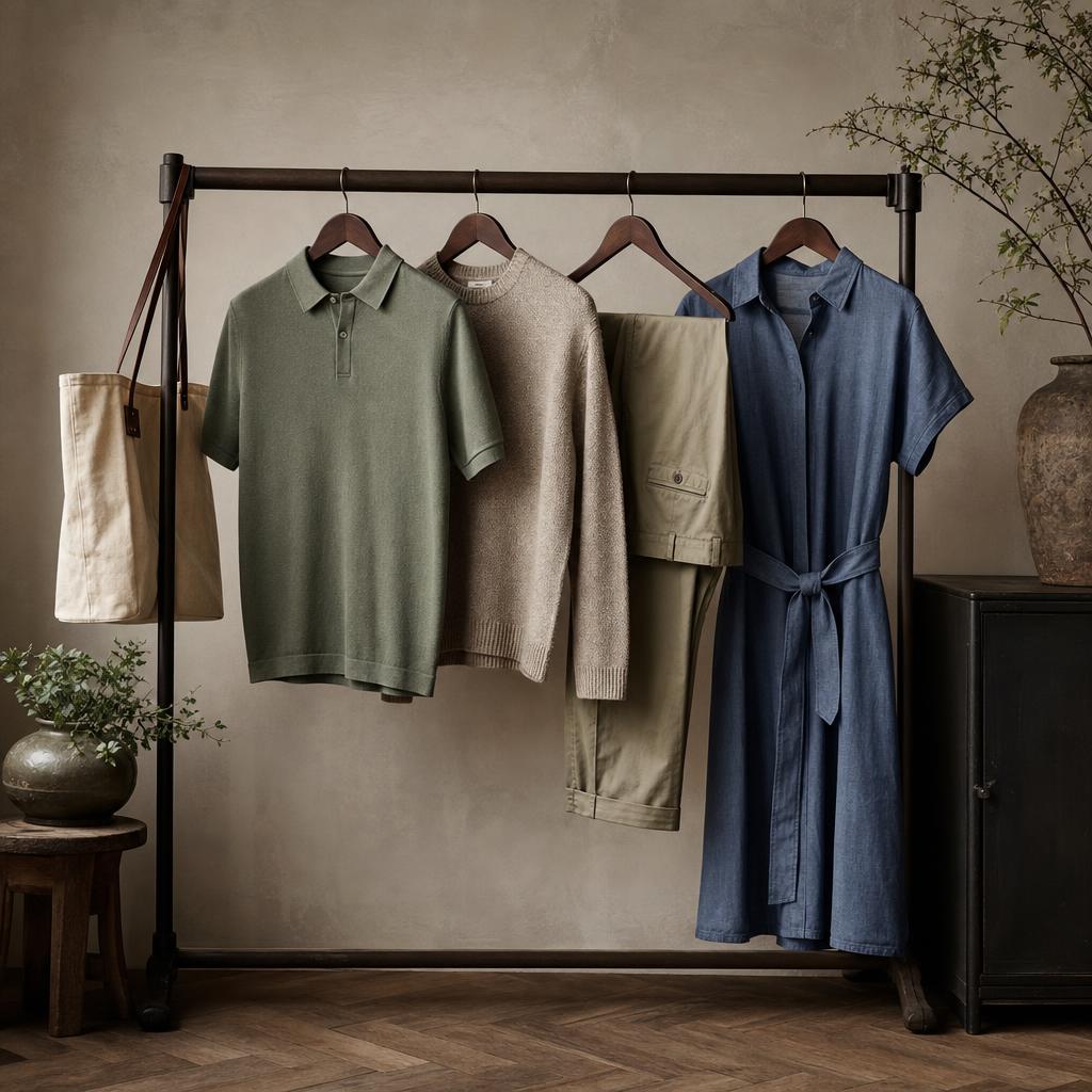Original smart-casual clothing editorial with polo, knitwear, chinos, dress and bag