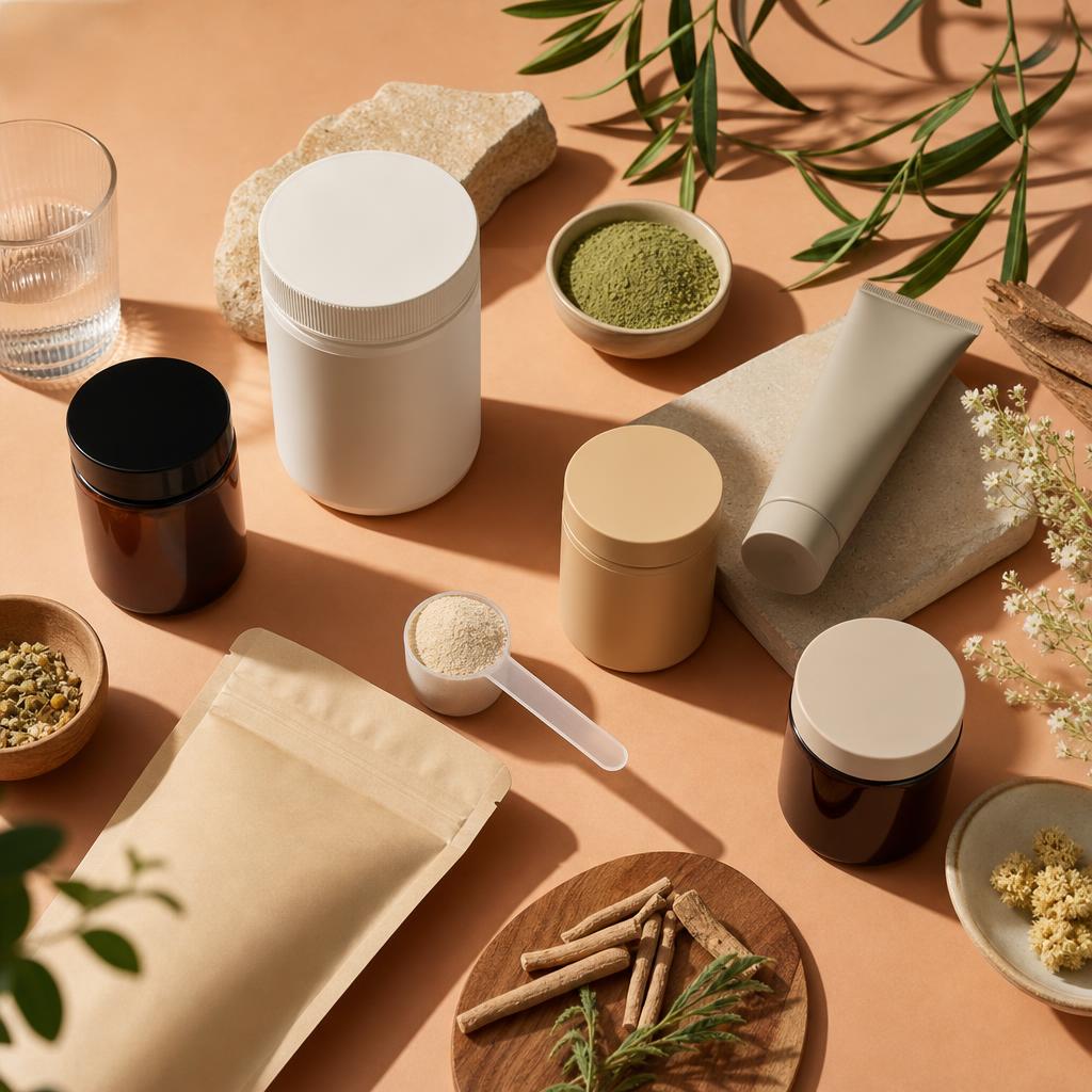 Original editorial flat lay of neutral wellness and beauty products on a warm peach background