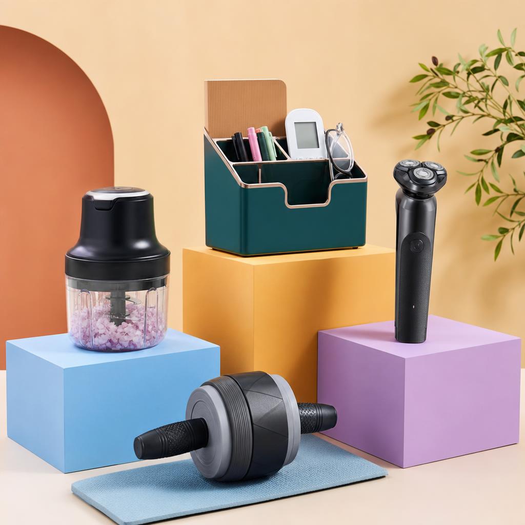 Original editorial still life of home, kitchen, fitness and grooming products on colourful plinths