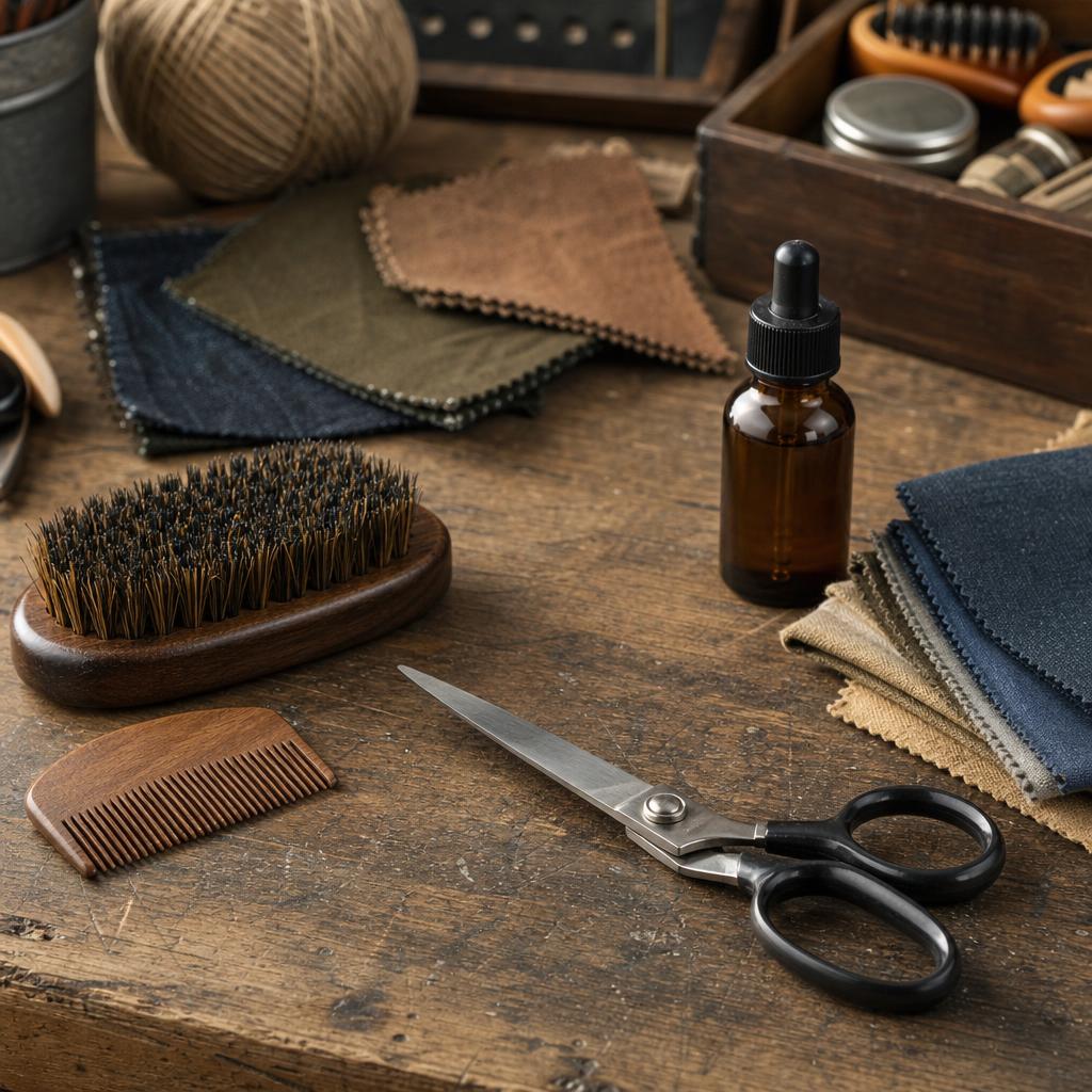 Original photographic Ontaki US editorial for US hair, beard, moustache, grooming and fabric scissors plus beard-care products