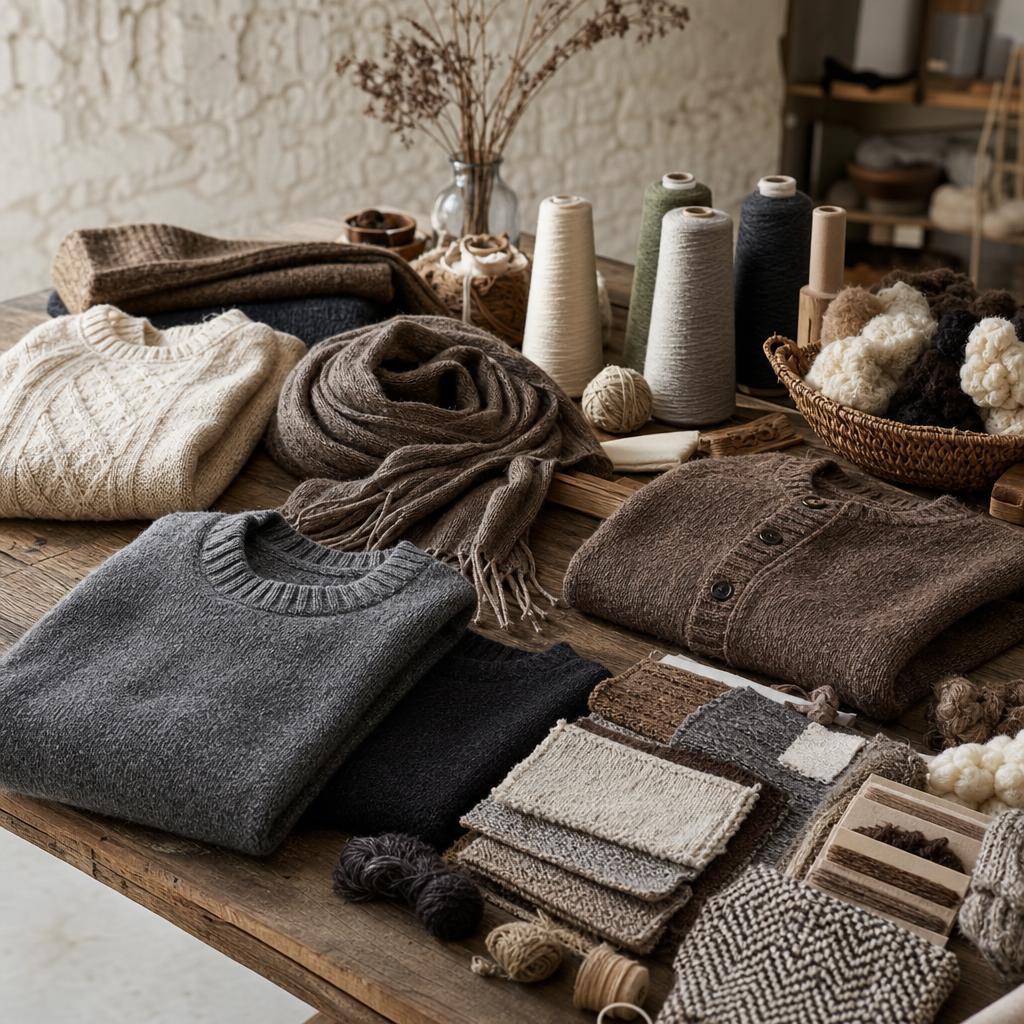 Original natural-fibre knitwear editorial with sweater, cardigan, scarf, yarn and fibre samples