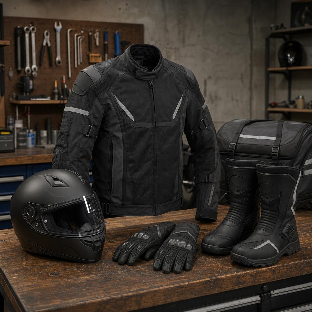 Original motorcycle-safety editorial with helmet, armoured jacket, gloves, boots and luggage