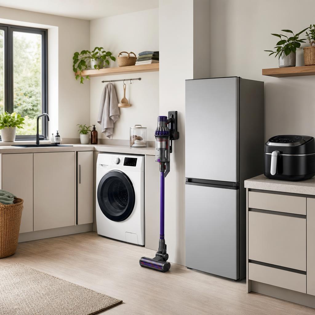 Original home-appliance editorial with washer, vacuum, fridge freezer and countertop appliance