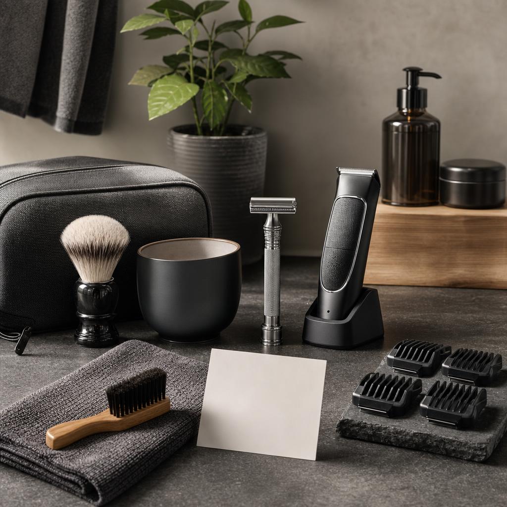 Original shaving and grooming editorial with razor, trimmer, guards and hygiene card
