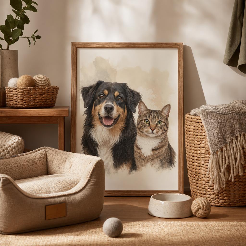 Original editorial display of framed custom pet portrait art and neutral pet accessories