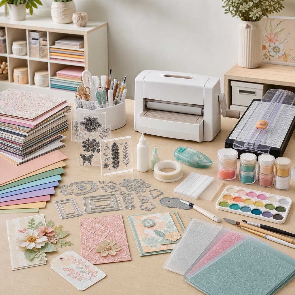 Original craft-supplies editorial with paper, dies, stamps, adhesive, paints, cutter and machine