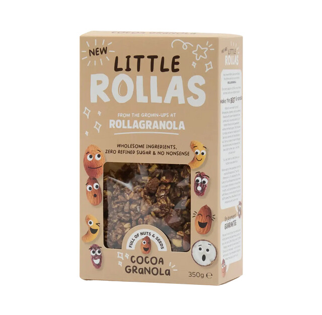 Box of Rollagranola Little Rollas cocoa granola on a white background