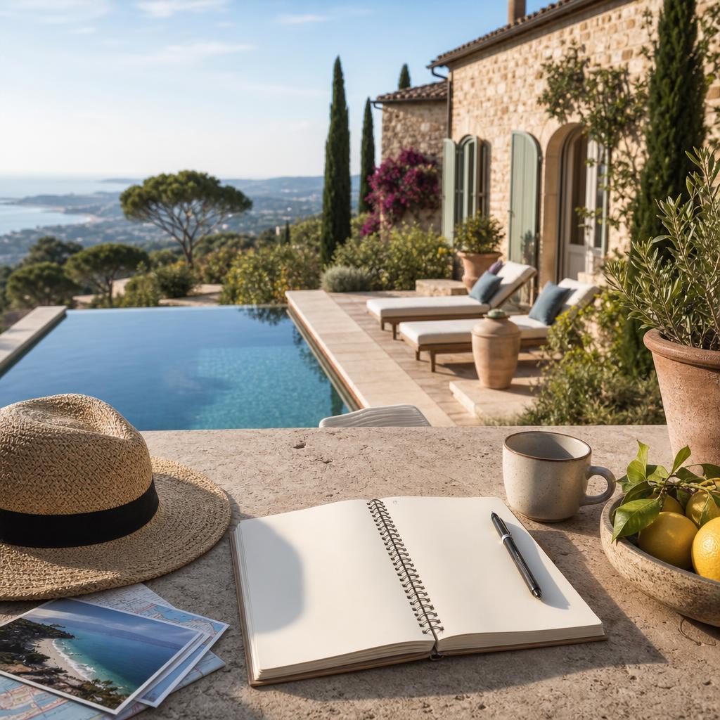 Original European villa planning editorial with Mediterranean villa, pool and blank travel notebook