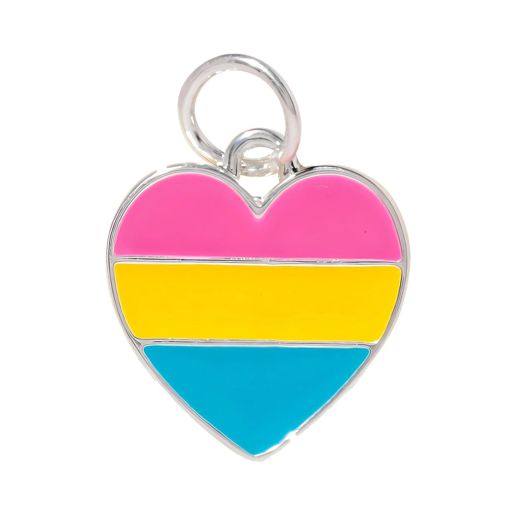 Silver heart-shaped charm with pink, yellow and blue horizontal enamel stripes