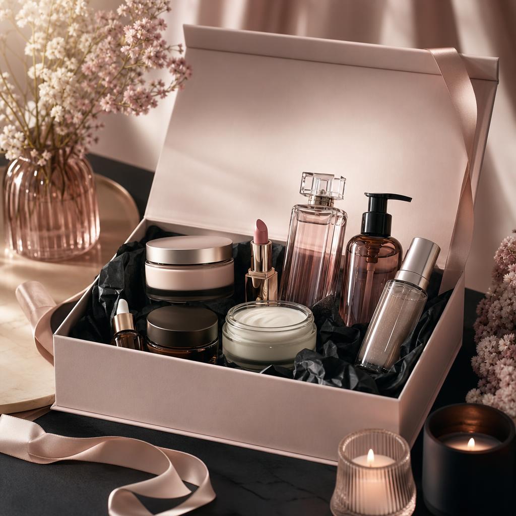 Original beauty-box editorial with open gift box, generic skincare, makeup, haircare and fragrance
