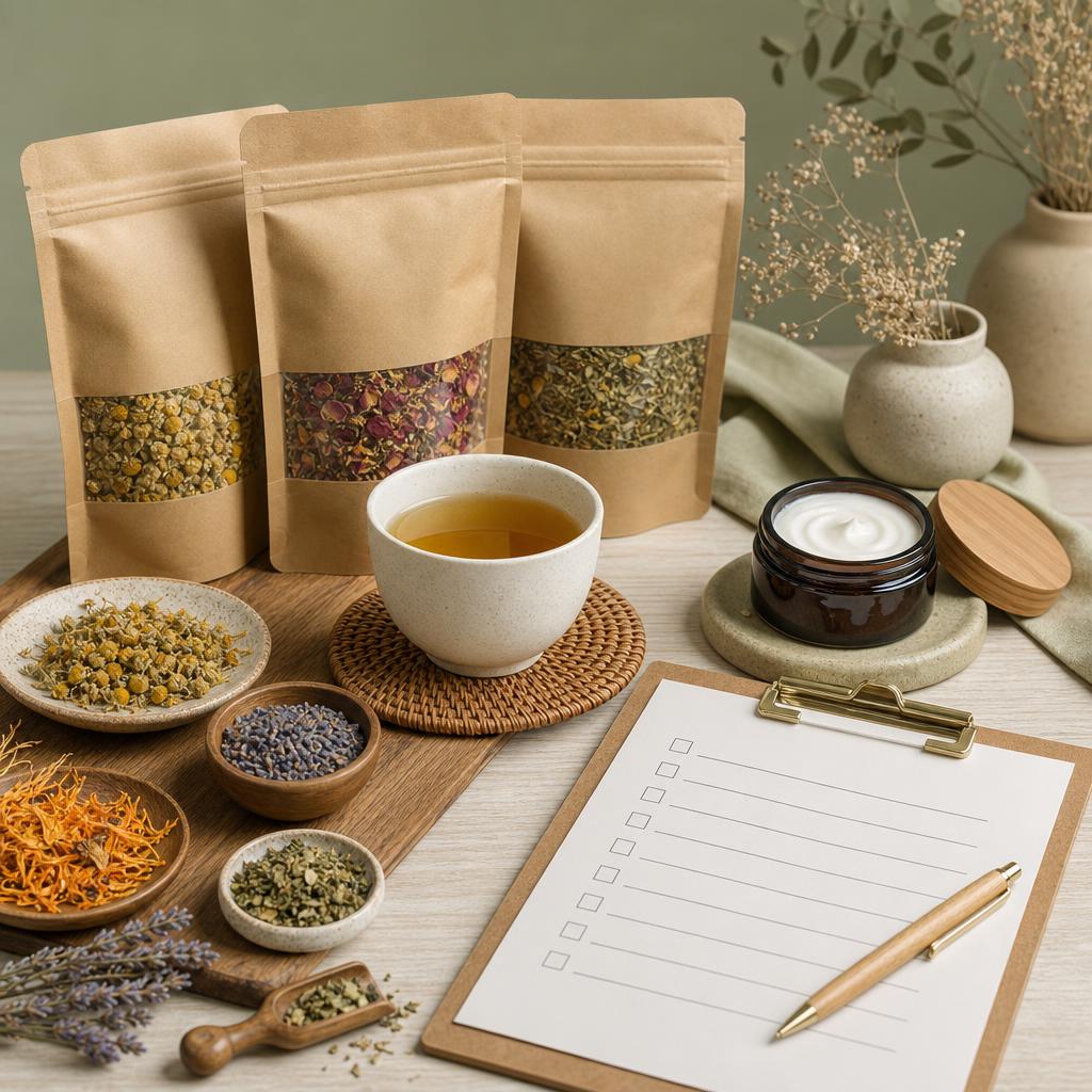 Original conservative herbal and skincare editorial with sealed tea, botanicals, cream and blank interaction checklist