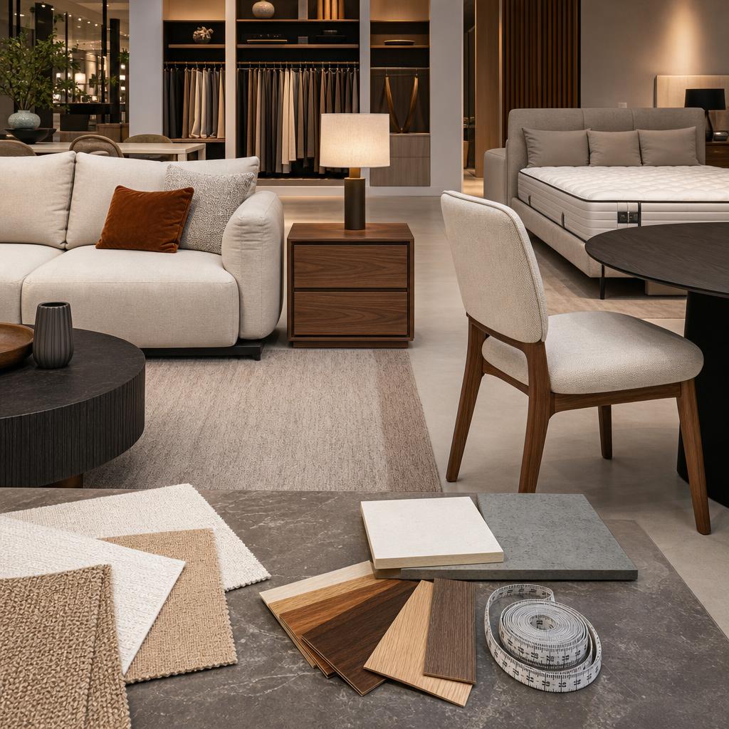 Original furniture editorial with sofa, chair, table, mattress, swatches and tape measure