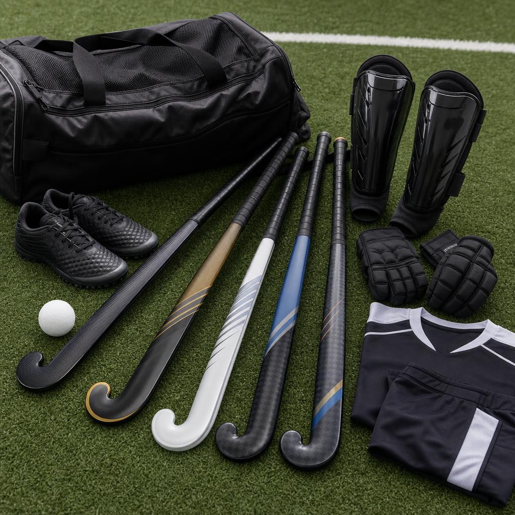 Original field-hockey editorial with sticks, ball, shoes, guards, gloves and kit bag