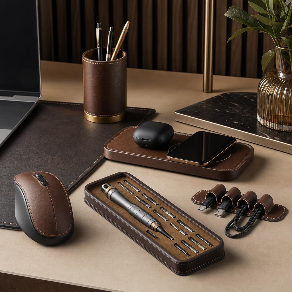 Original luxury desk-accessory editorial with leather mouse, wireless charger, tools and organiser