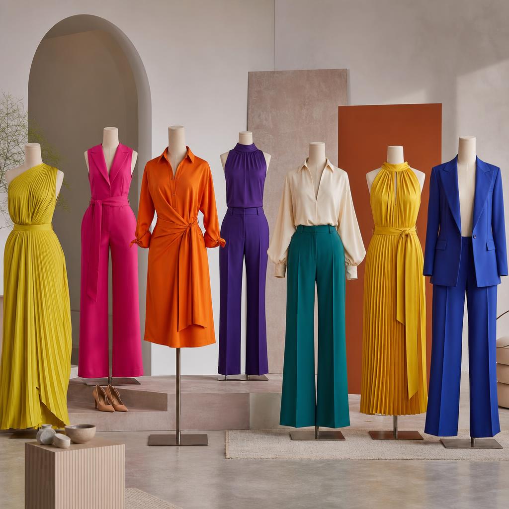 Original fashion editorial of colourful womenswear on neutral mannequins