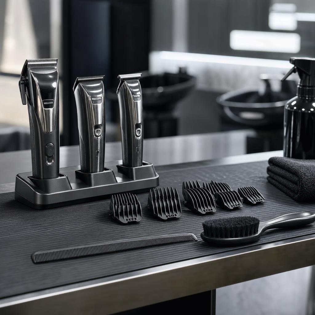 Original barber-tool editorial with clippers, trimmers, guards, comb and cleaning tools