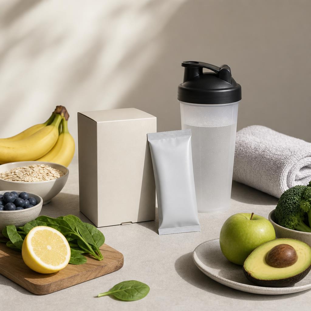 Original conservative supplement editorial with sealed sachets, electrolyte pouch, shaker and whole foods
