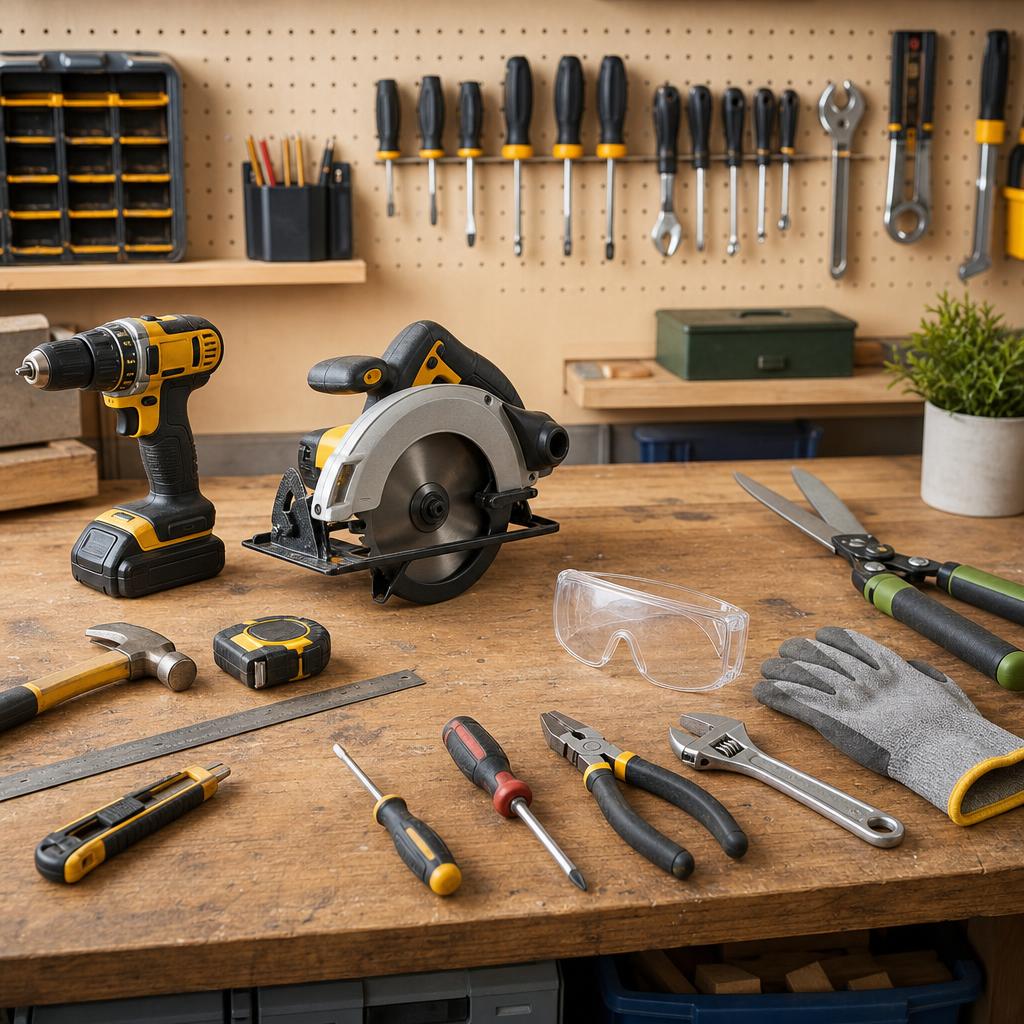 Original organized workbench with drill, saw, hand tools, garden shears, goggles and gloves