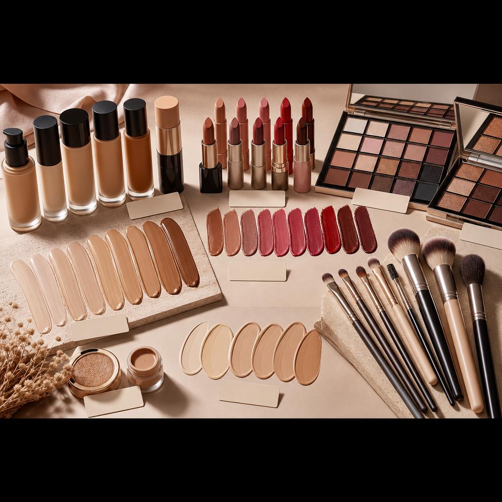 Original German makeup editorial with foundation, lipsticks, palettes, brushes and swatches