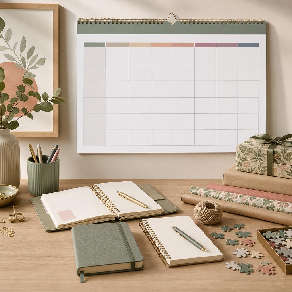 Original calendar and stationery editorial with blank calendar grids, diary, pens, puzzle and wrap