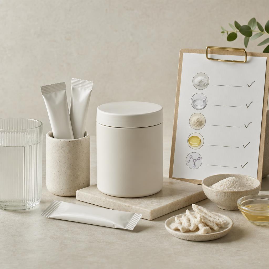 Original conservative collagen editorial with sealed liquid sachets, jar, checklist and water
