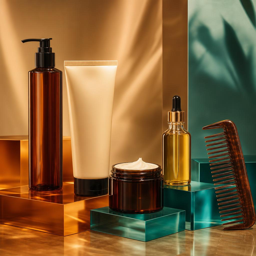 Original hair-care editorial with shampoo, conditioner, mask, oil and comb on glossy blocks