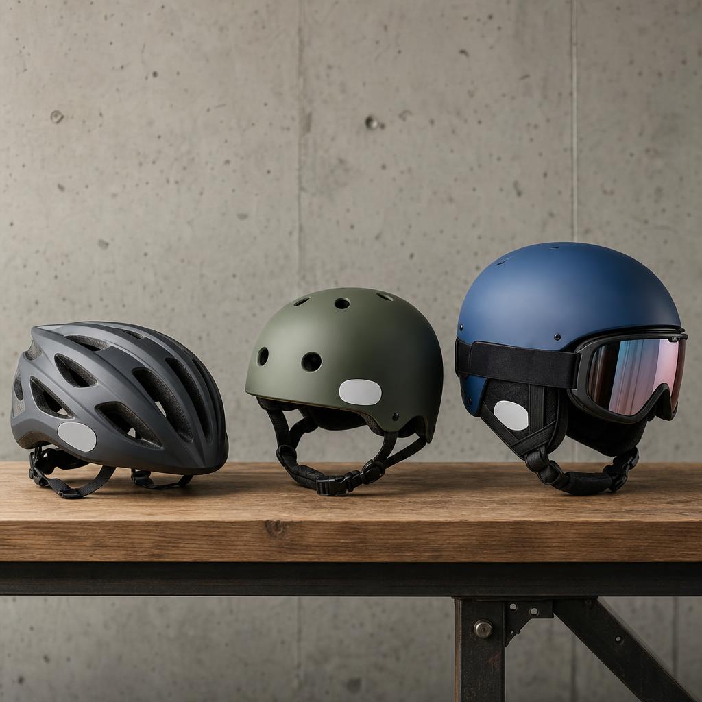 Original multisport-helmet editorial with bicycle, skate and snow helmets