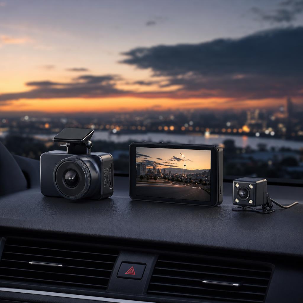 Original automotive technology image of dash cameras and an in-car display in a parked vehicle