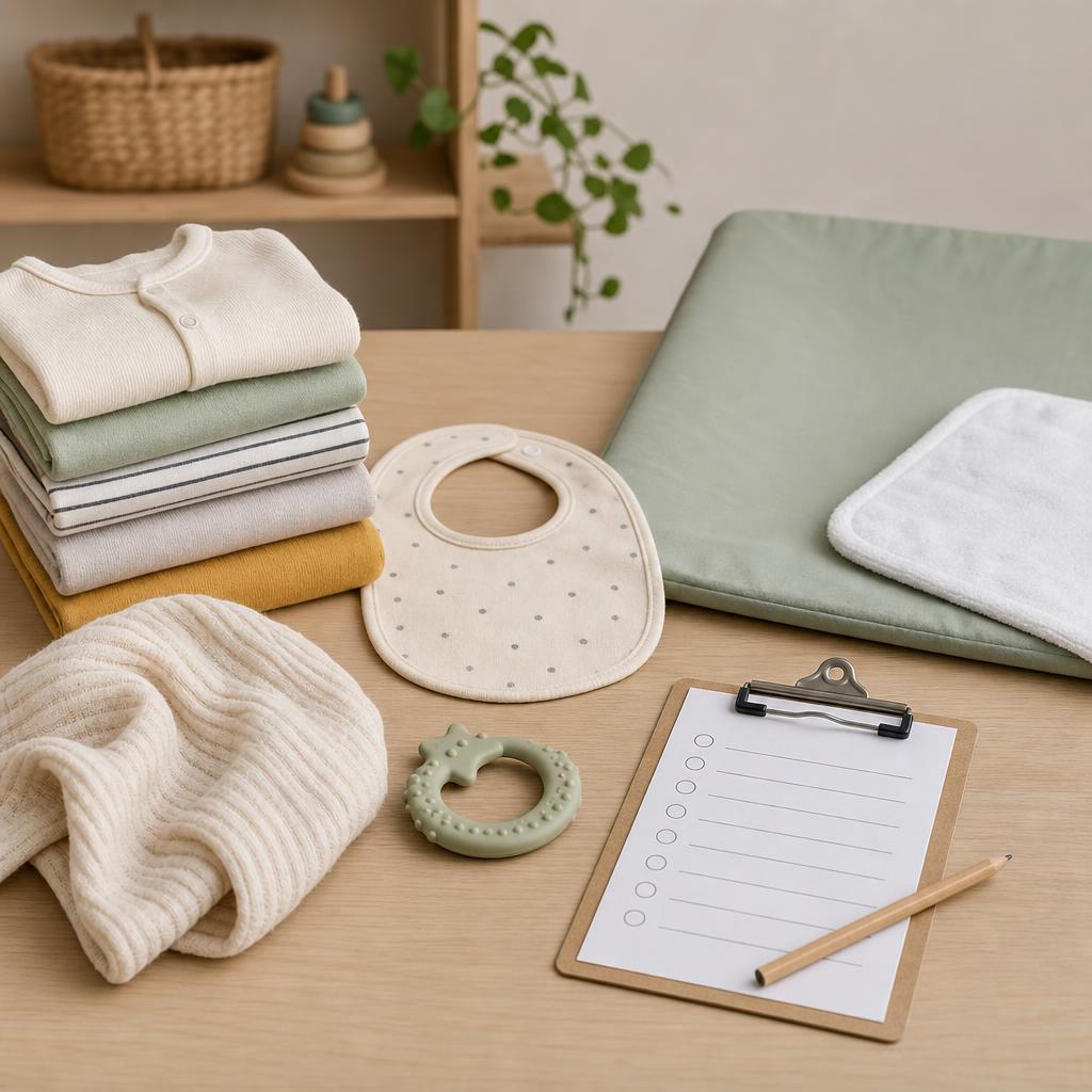 Original baby-goods safety editorial with clothing, blanket, bib, teether and changing mat