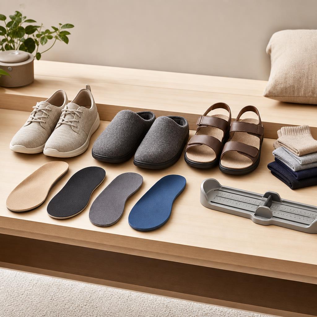 Original extra-wide-footwear editorial with shoes, slipper, sandal, socks, insoles and measuring gauge