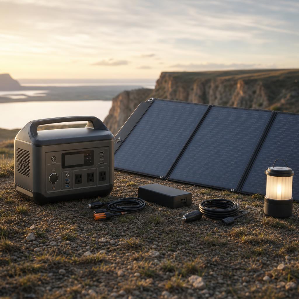 Original portable-power editorial with power station, solar panel, cables and lantern