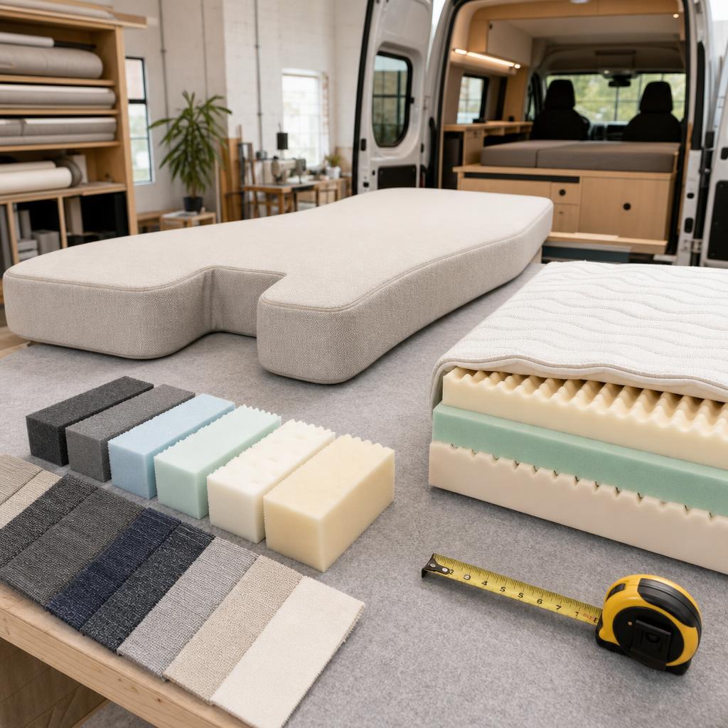 Original custom-foam editorial with shaped campervan mattress, foam samples, topper and tape measure