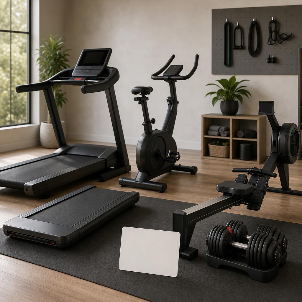Original home-fitness editorial with treadmill, walking pad, bike, rower, dumbbells and blank capacity card