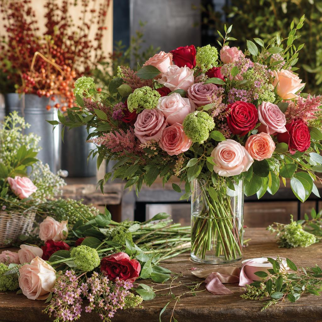 Original editorial photograph of a fresh bouquet being arranged on a florist worktable