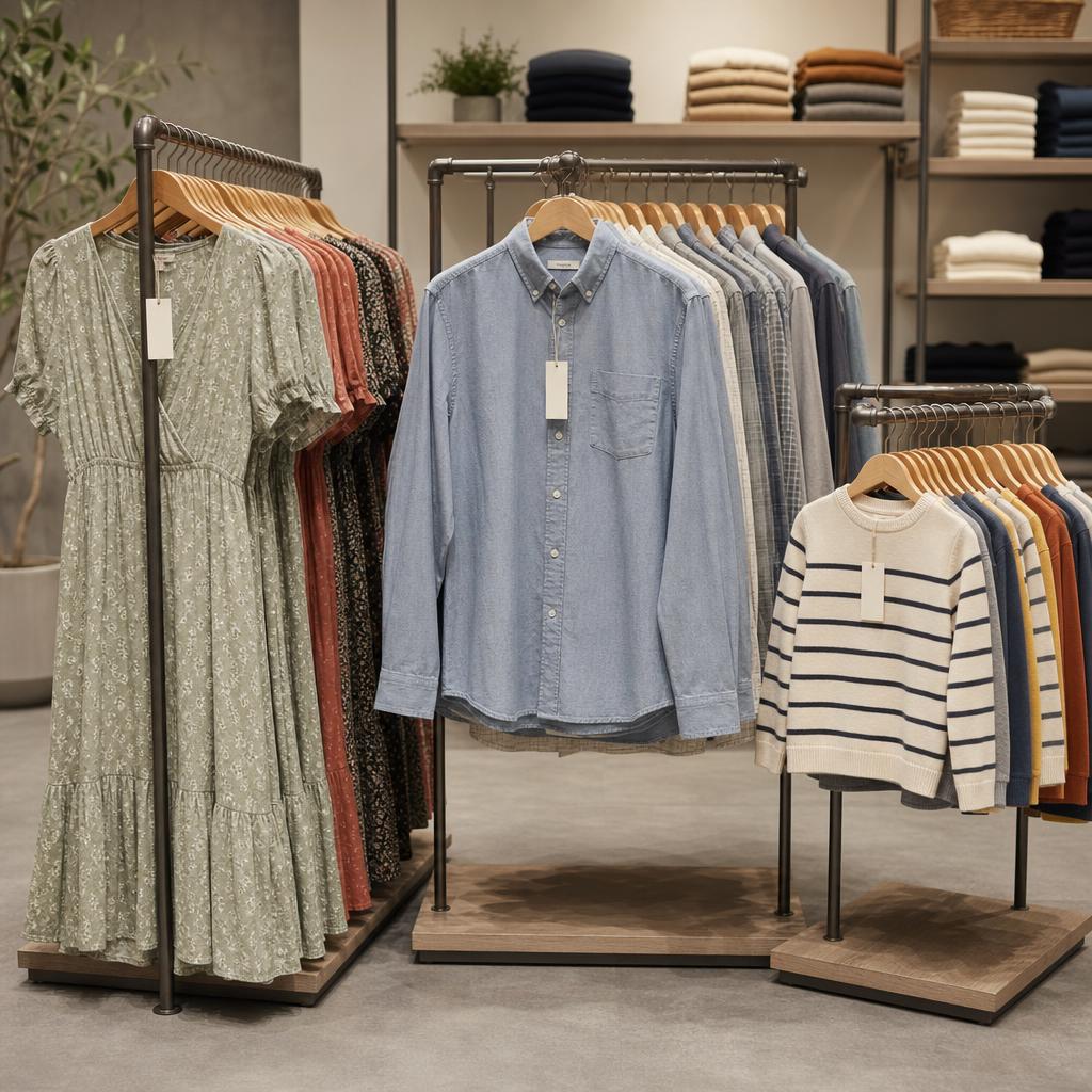 Original discount-fashion editorial with women’s, men’s and children’s clothing and blank price tags