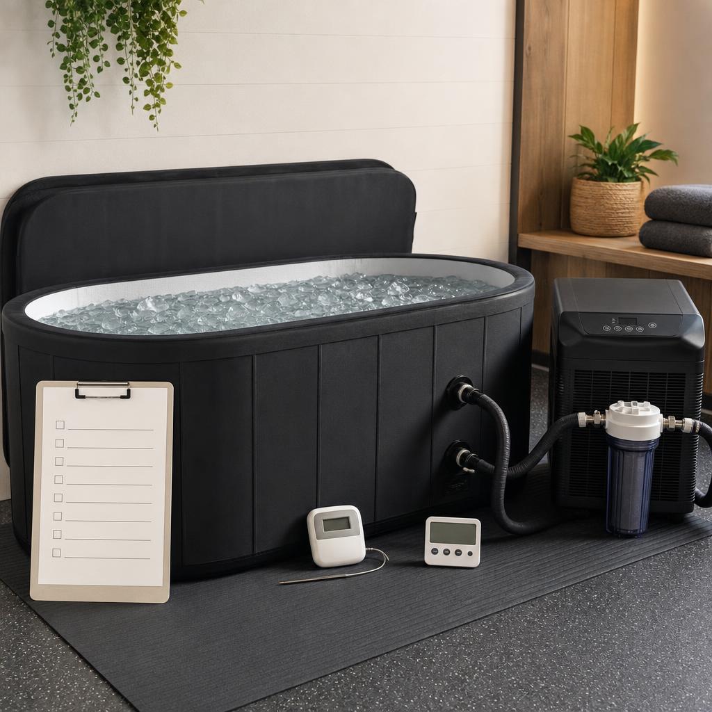 Original conservative smart ice-bath editorial with plunge tub, chiller, thermometer and contraindication card