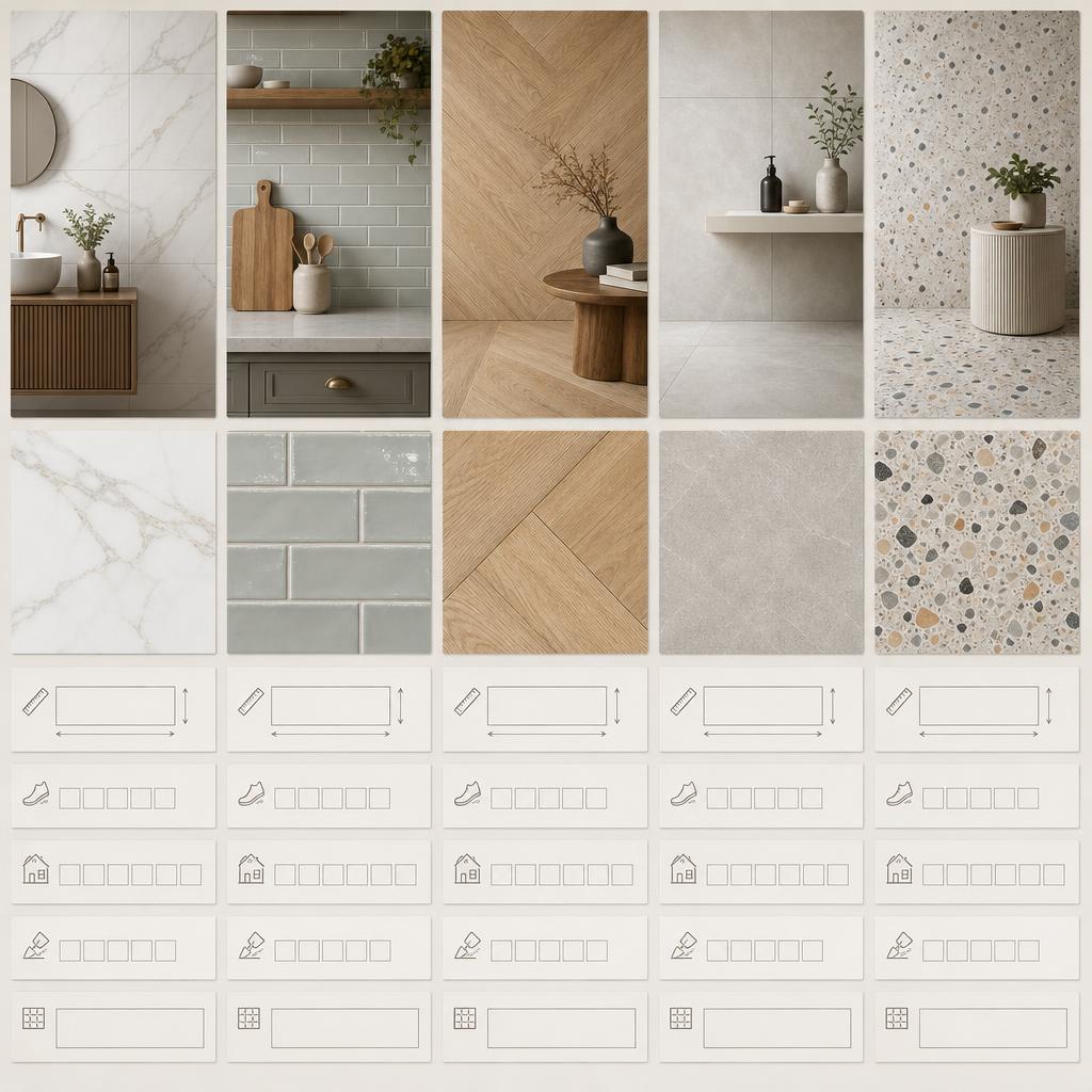 Original INSTAHOUSE editorial for French tiles and surface-finish products including marble-, metro-, wood-, stone- and terrazzo-effect ranges