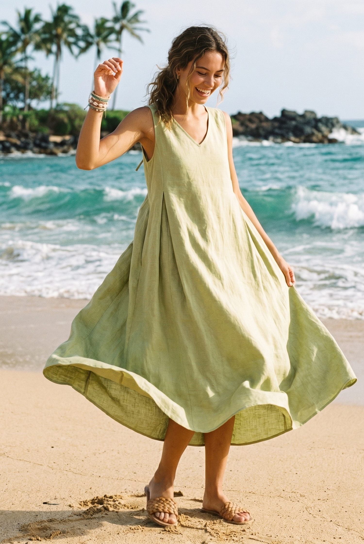 Woman wearing a pale green sleeveless linen midi dress on a beach.